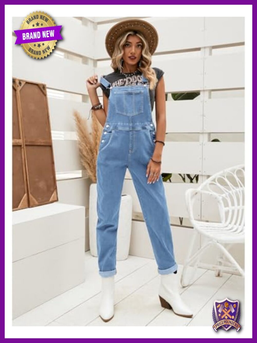Stretch Denim Bib Overalls Adjustable Straps Cuffed Hem Casual - Picture 3 of 6